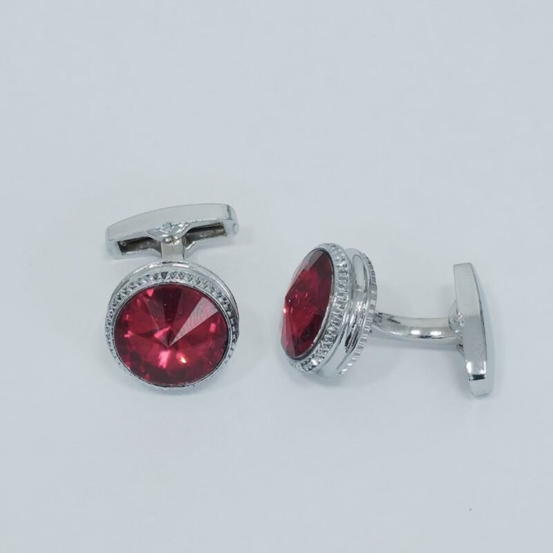Abotoadura prata luxo com cristal vermelho rubi - Vista frontal