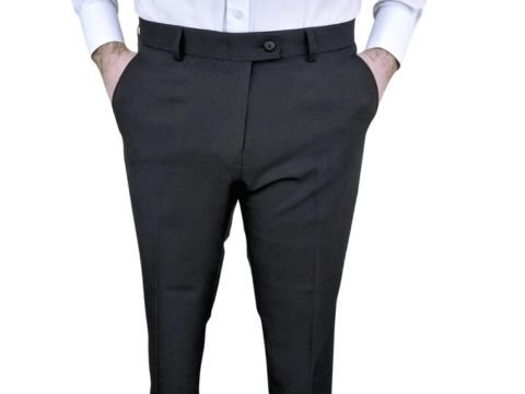 Calça social preta masculina MS Stilos com elastano, vista frontal, combinada com camisa branca.