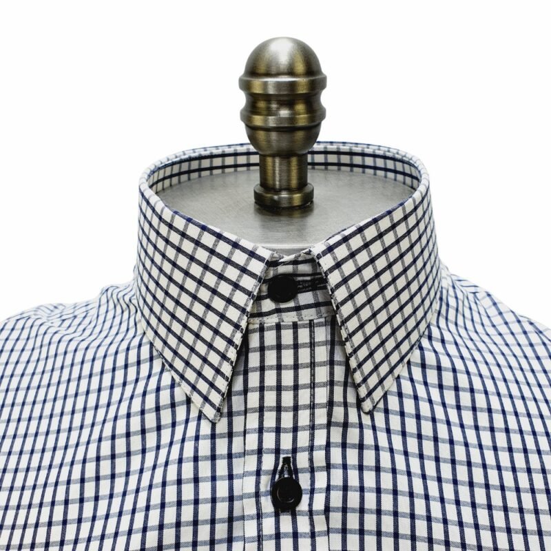 Camisa 100% Algodão Xadrez Azul Marinho — detalhe gola | MS Stilos