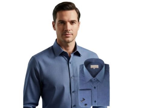 Homem usando camisa azul 100% algodão francesa da MS Stilos em proposta social sofisticada
