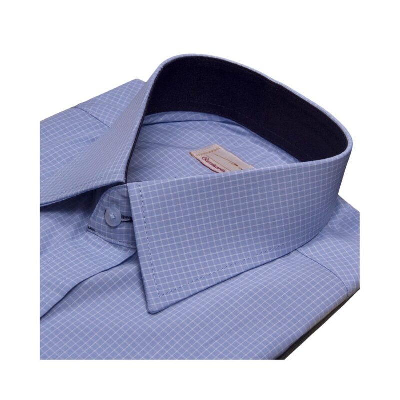 Camisa Azul Claro Xadrez — detalhe gola contraste marinho | MS Stilos