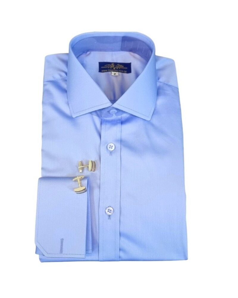 Camisa social masculina azul de fio egípcio com punho duplo e abotoadura, vista de frente - MS Stilos.