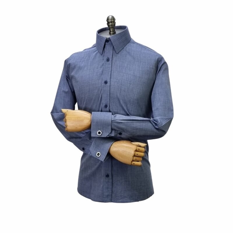 Camisa Azul Francesa 100% Algodão — frontal aberta manequim | MS Stilos