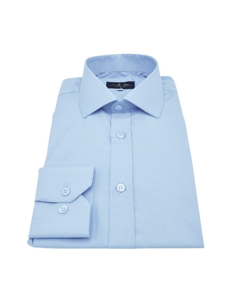 Camisa social azul em tecido sulfite com colarinho italiano dobrada, vista de frente com punho simples - MS Stilos.