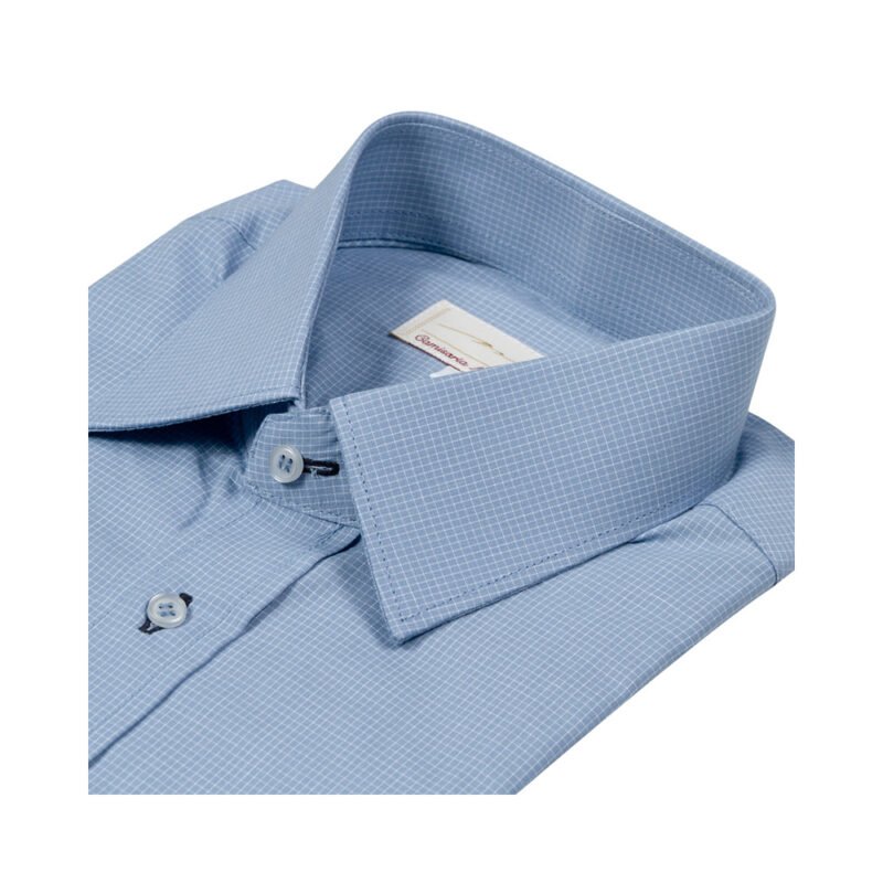 Camisa Azul Tecido Xadrez — detalhe gola italiana | MS Stilos