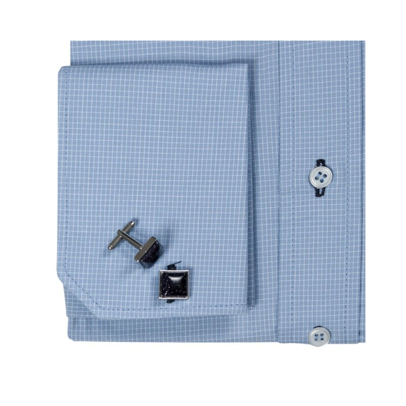 Camisa Azul Tecido Xadrez — detalhe punho duplo cufflinks | MS Stilos