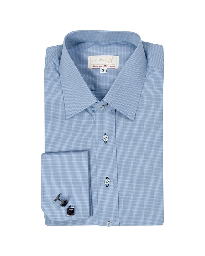 Camisa Azul Tecido Xadrez — dobrada frente completa | MS Stilos