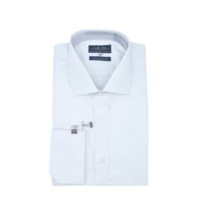 Camisa social masculina branca de fio egípcio completa com colarinho italiano e punho duplo, vista centralizada de frente - MS Stilos.