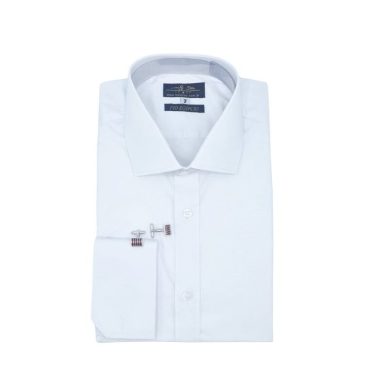 Camisa social masculina branca de fio egípcio completa com colarinho italiano e punho duplo, vista centralizada de frente - MS Stilos.