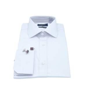 Camisa social masculina branca de fio egípcio com punho duplo e abotoadura, vista de frente - MS Stilos.