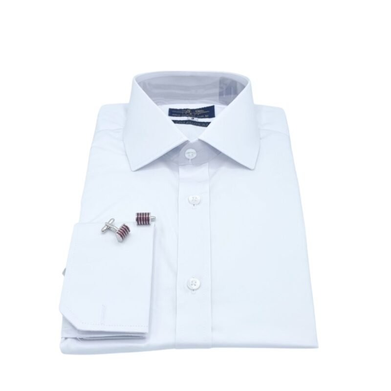 Camisa social masculina branca de fio egípcio com punho duplo e abotoadura, vista de frente - MS Stilos.
