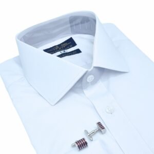 Camisa social branca de fio egípcio dobrada diagonal com punho duplo e abotoadura prateada - MS Stilos.