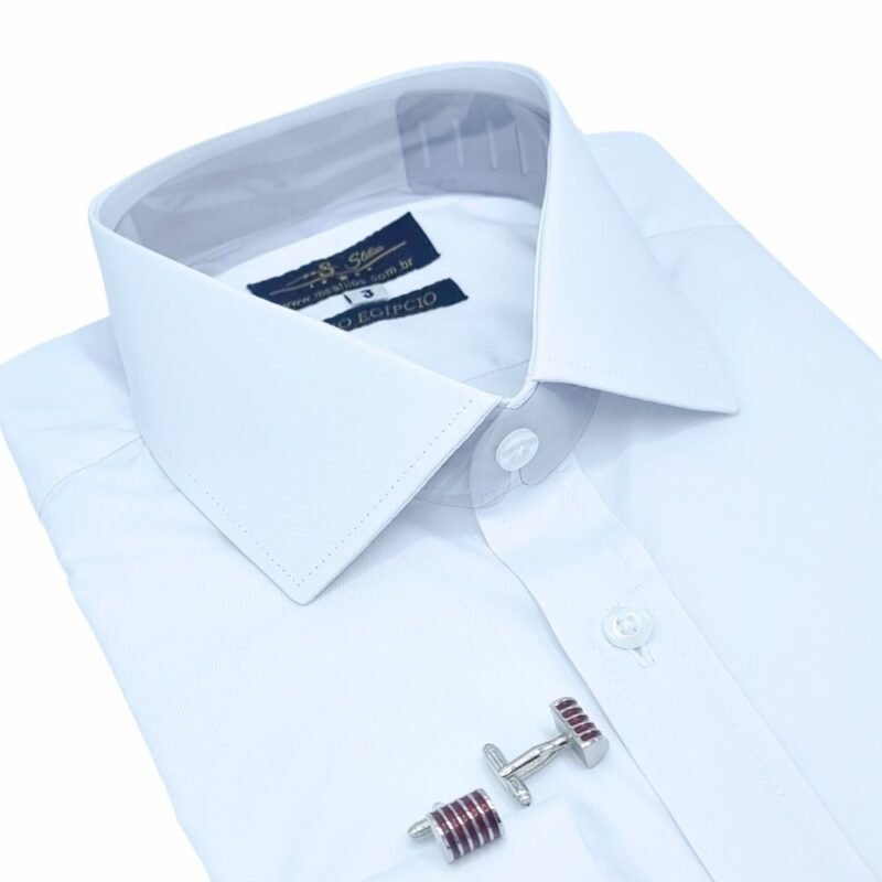 Camisa social branca de fio egípcio dobrada diagonal com punho duplo e abotoadura prateada - MS Stilos.