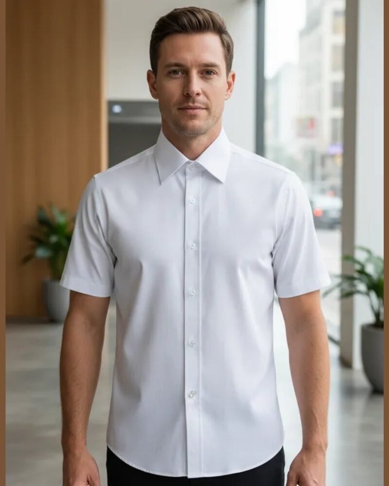 Camisa social masculina lisa branca de manga curta - MS Stilos.