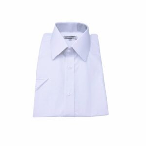 Camisa social masculina de manga curta branca com colarinho francês, vista de frente - MS Stilos.