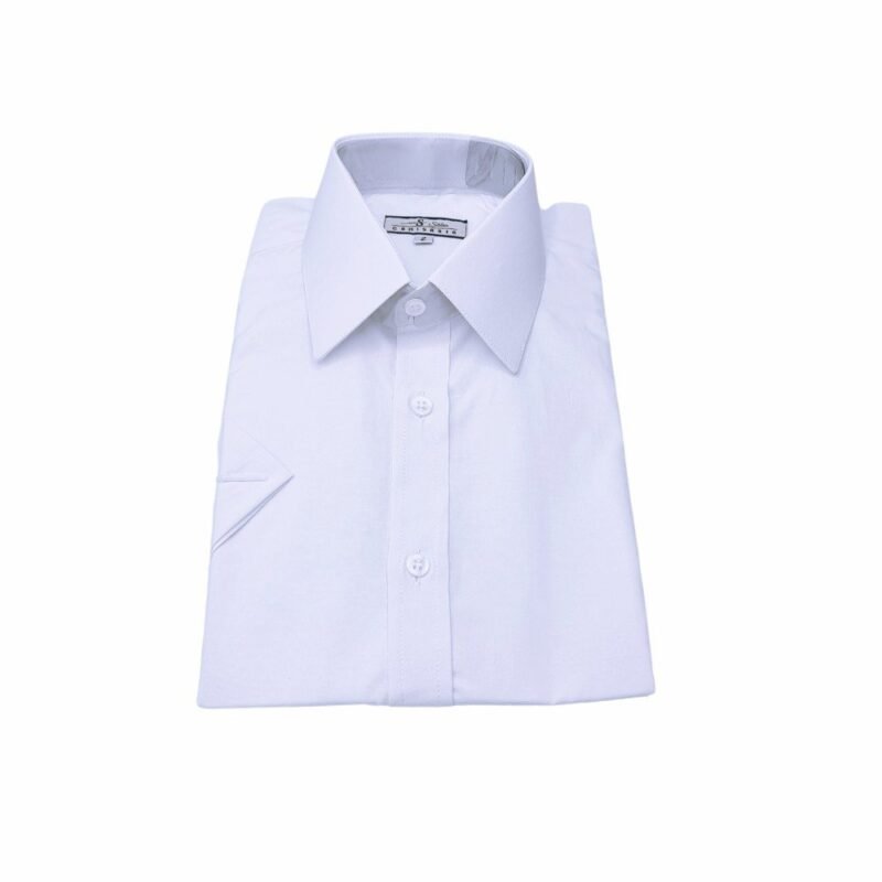 Camisa social masculina de manga curta branca com colarinho francês, vista de frente - MS Stilos.