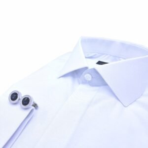 Camisa branca sulfite dobrada diagonal com colarinho italiano e abotoaduras redondas no punho duplo - MS Stilos.