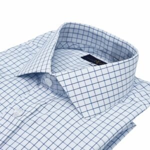 Camisa Colarinho Italiana Branca Xadrez Azul — detalhe colarinho dobrado | MS Stilos