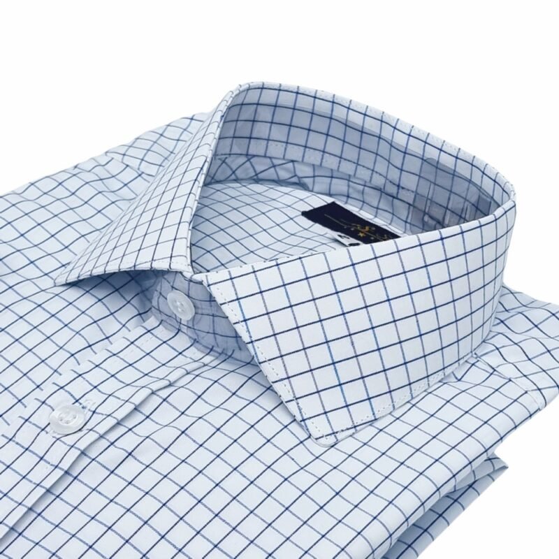 Camisa Colarinho Italiana Branca Xadrez Azul — detalhe colarinho dobrado | MS Stilos