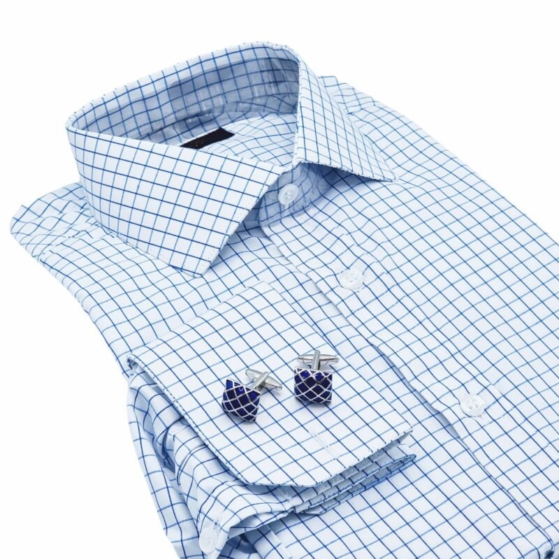 Camisa Colarinho Italiana Branca Xadrez Azul — detalhe gola cufflinks | MS Stilos