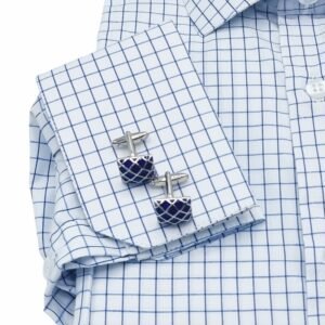 Camisa Colarinho Italiana Branca Xadrez Azul — detalhe punho cufflinks xadrez | MS Stilos