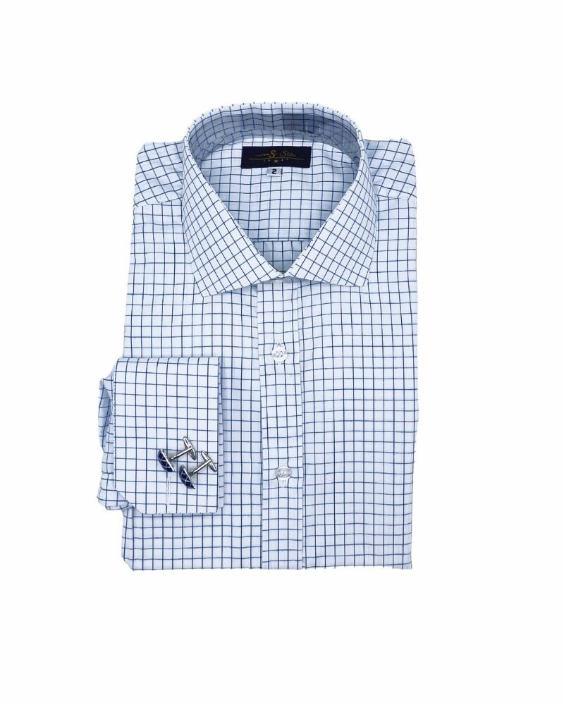 Camisa Colarinho Italiana Branca Xadrez Azul — dobrada frente completa | MS Stilos