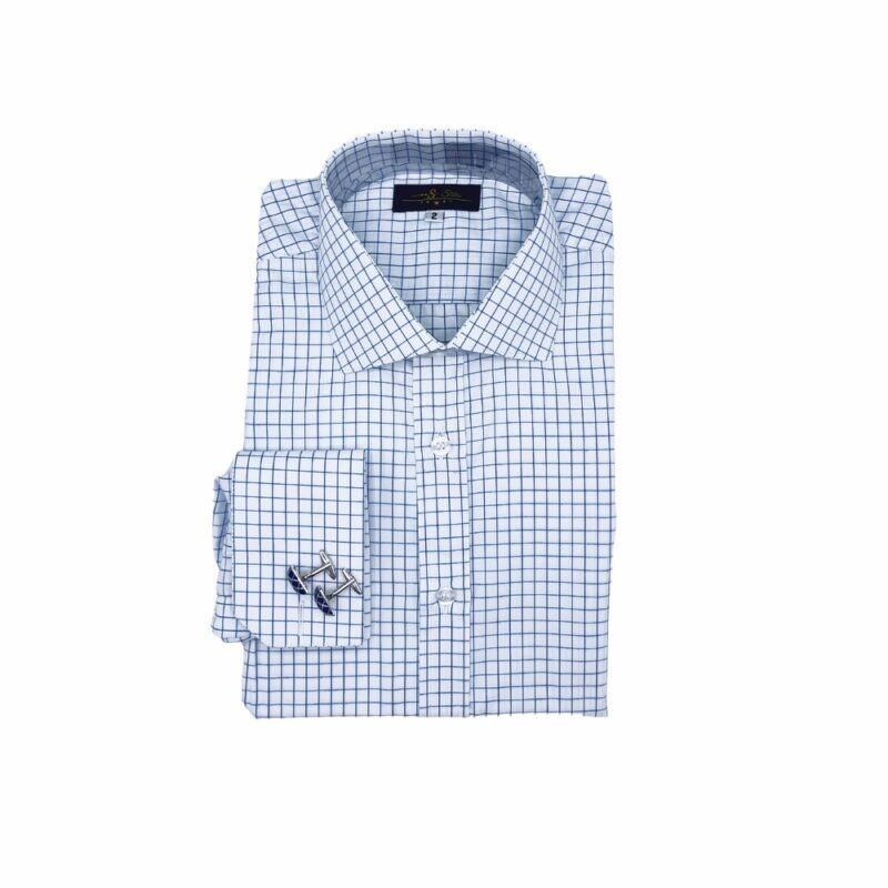 Camisa Colarinho Italiana Branca Xadrez Azul — dobrada frente completa | MS Stilos