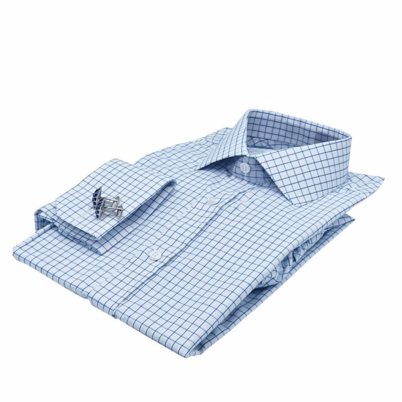Camisa Colarinho Italiana Branca Xadrez Azul — dobrada lateral cufflinks | MS Stilos
