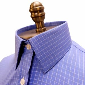 Camisa Egípcio Azul Xadrez Branco Tecido Premium — detalhe gola lateral | MS Stilos