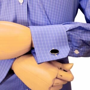 Camisa Egípcio Azul Xadrez Branco Tecido Premium — detalhe punho cufflinks preto | MS Stilos