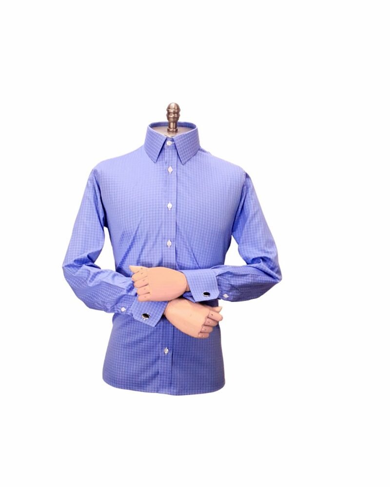 Camisa Egípcio Azul Xadrez Branco Tecido Premium — frontal completa manequim | MS Stilos