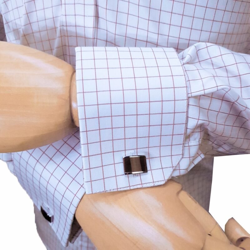 Camisa Egípcio Branca 120 Fios Xadrez Vermelho — detalhe punho cufflinks quadrado | MS Stilos