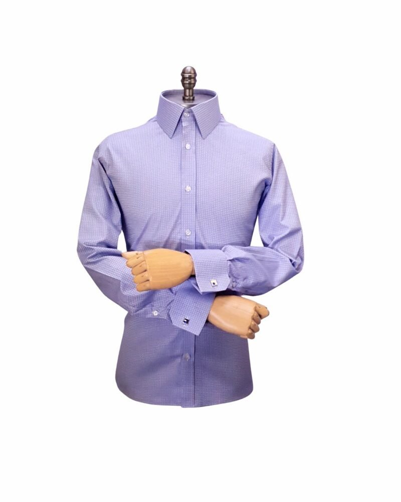 Camisa Fio Egípcio Azul 120 Fios Poá — frontal completa manequim | MS Stilos