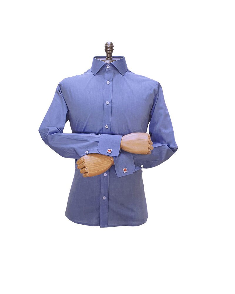 Camisa Gola Italiana Azul Lisa — frontal completa manequim | MS Stilos
