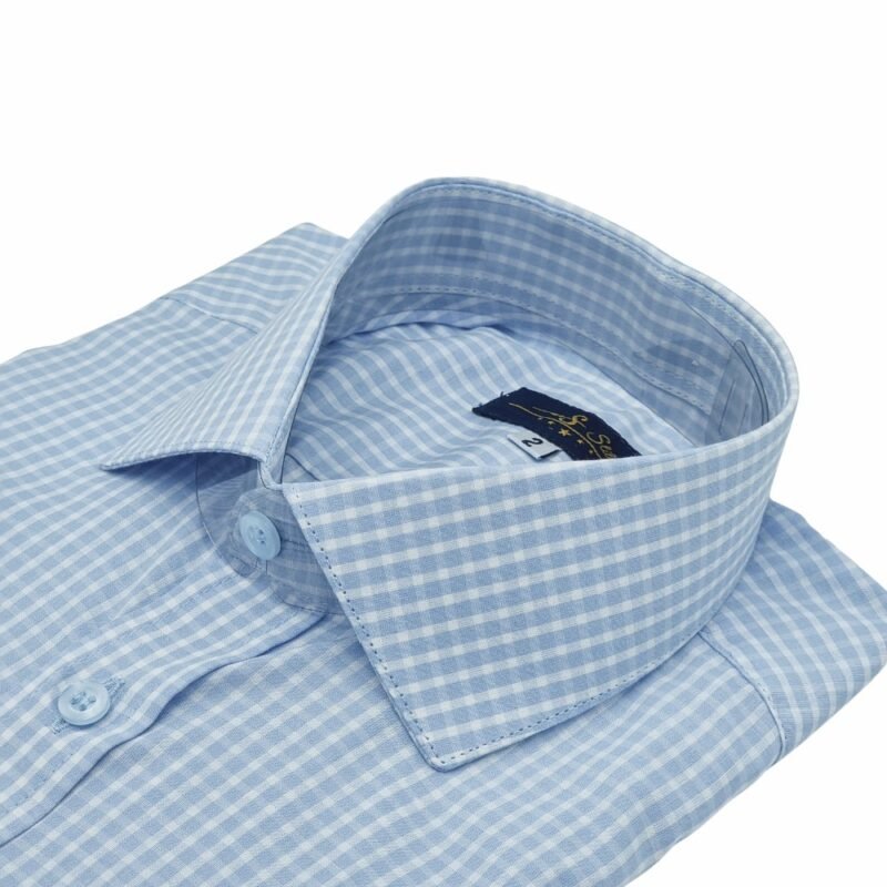Camisa Italiana 100% Algodão Azul Xadrez — detalhe gola italiana dobrada | MS Stilos