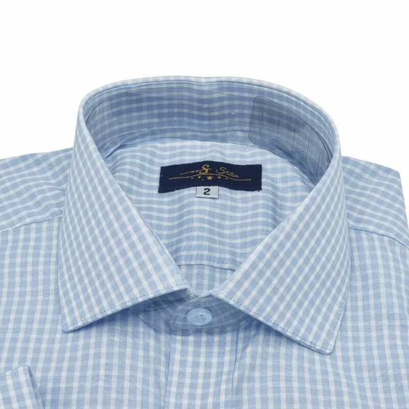 Camisa Italiana 100% Algodão Azul Xadrez — detalhe gola italiana etiqueta | MS Stilos