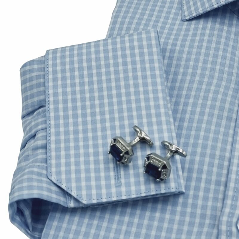 Camisa Italiana 100% Algodão Azul Xadrez — detalhe punho abotoadura azul | MS Stilos