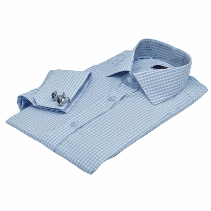 Camisa Italiana 100% Algodão Azul Xadrez — dobrada perspectiva diagonal | MS Stilos