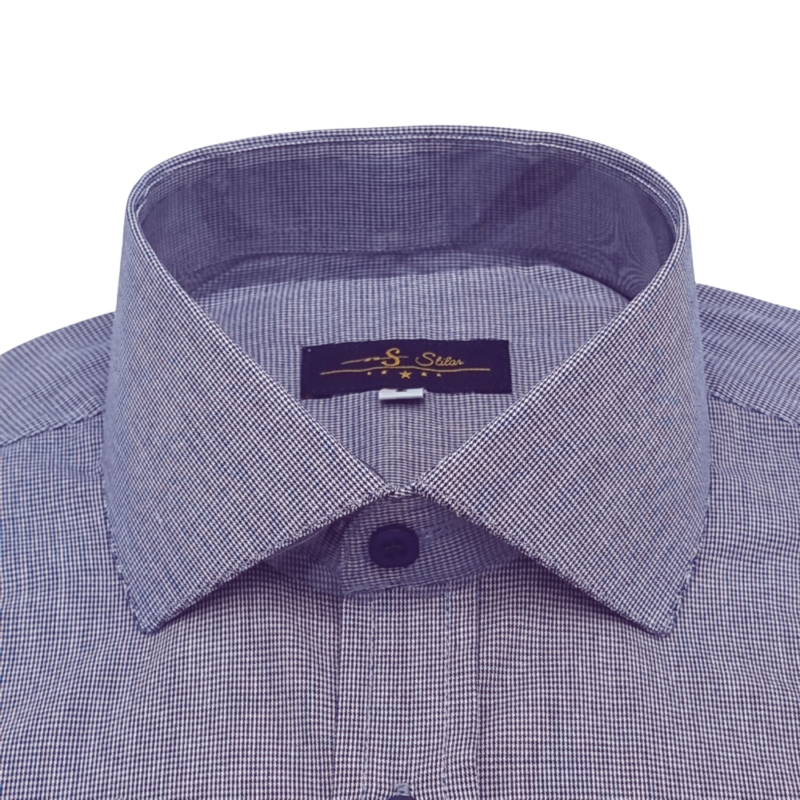 Camisa Italiana Azul Marinho Micro Estampa — detalhe gola italiana etiqueta marca | MS Stilos