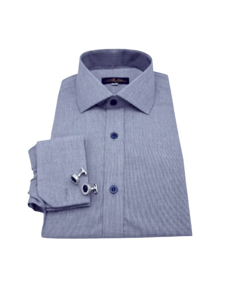 Camisa Italiana Azul Marinho Micro Estampa — dobrada frontal etiqueta | MS Stilos