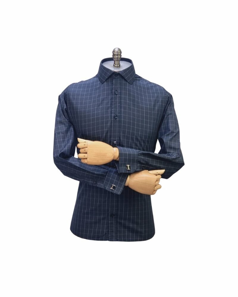 Camisa Italiana Punho Duplo Preta Xadrez — frontal completa manequim | MS Stilos