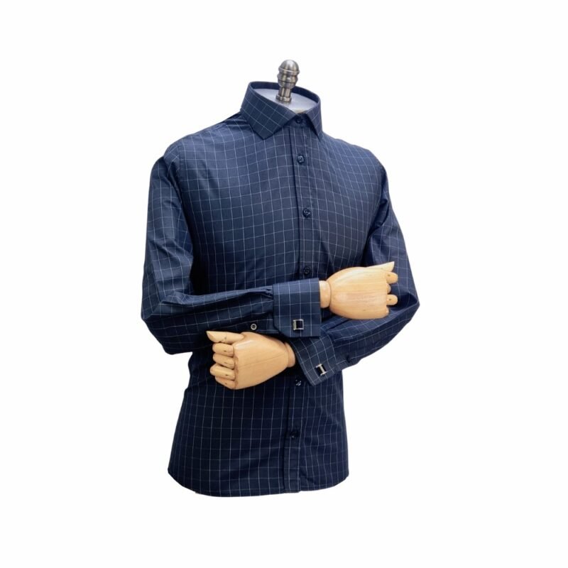 Camisa Italiana Punho Duplo Preta Xadrez — frontal manequim cufflinks | MS Stilos