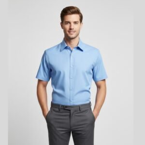 Modelo vestindo camisa social masculina manga curta azul com colarinho francês, vista de frente - MS Stilos.