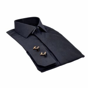 Camisa social preta italiana dobrada diagonal com punho duplo e abotoaduras douradas - MS Stilos.