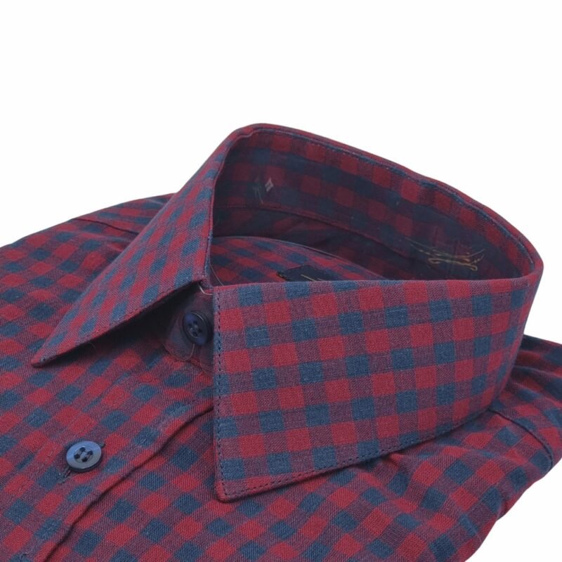 Camisa Xadrez Azul e Vinho — detalhe gola italiana punho visivel | MS Stilos