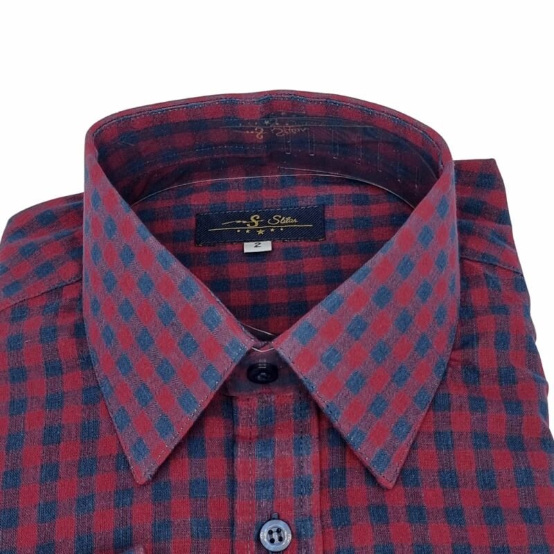 Camisa Xadrez Azul e Vinho — detalhe gola italiana xadrez | MS Stilos