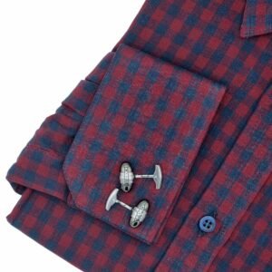 Camisa Xadrez Azul e Vinho — detalhe punho cufflinks ovais prateados | MS Stilos