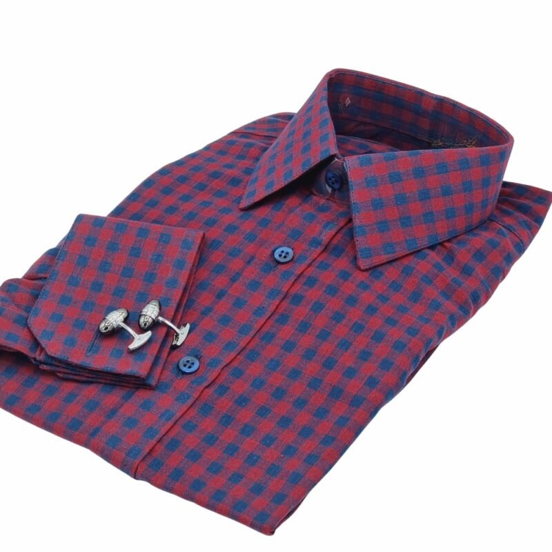 Camisa Xadrez Azul e Vinho — dobrada perspectiva diagonal cufflinks | MS Stilos