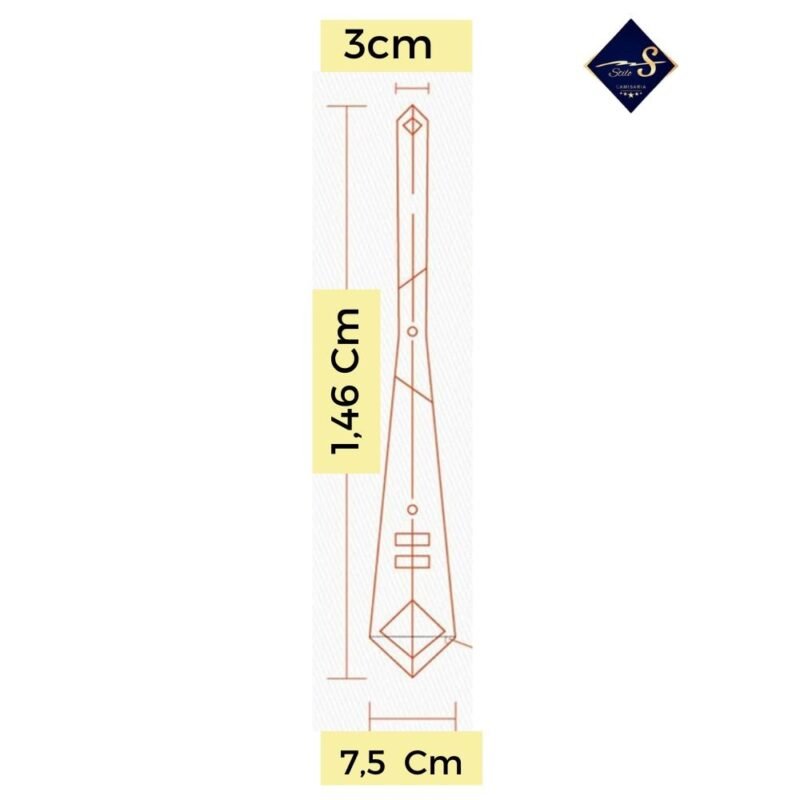 Diagrama tecnico com medidas da gravata amarela lisa semi slim com 7,5 cm de largura e 1,46 m de comprimento