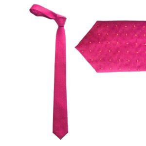Gravata slim fit fucsia texturizada com microdetalhes exibindo vista completa e detalhe do tecido